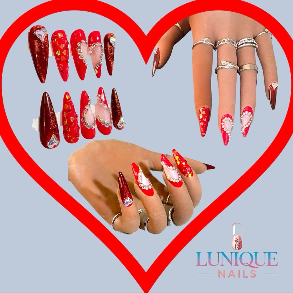 Hearts Desire Fiery Red Heart Nails with Rhinestones